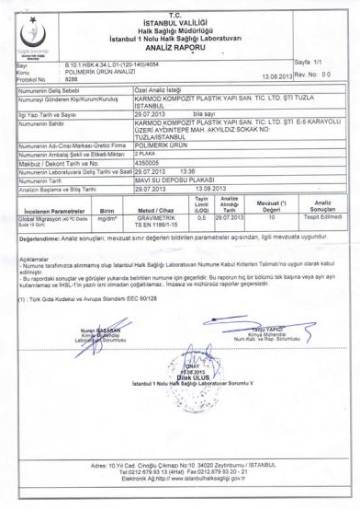 Sağlık Bakanlığı içilebilirlik raporu polietilen mavi depo